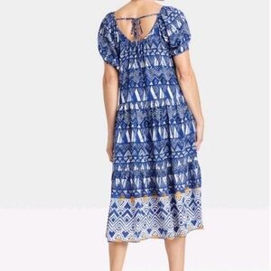 Knox Rose Tribal Native print dress Blue/White Short Sleeves Pockets Size XL